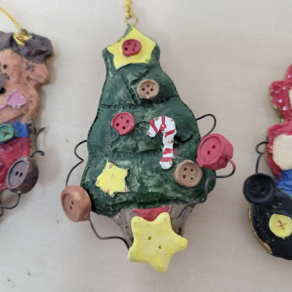 Whimsical Christmas‎ Ornaments Resin Button Embellished Holiday Set Of 4